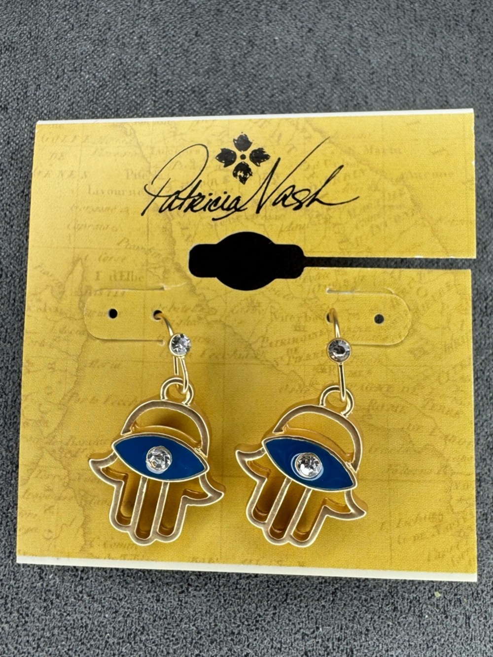 Patricia Nash NWT Hamsa Evil Eye Earrings Gold Tone Blue Charm Dangle